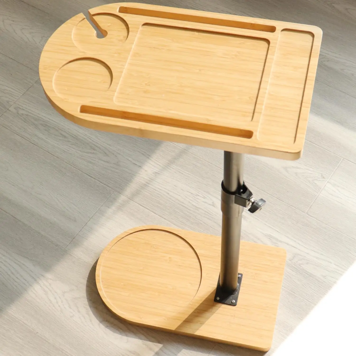 C字型エンドテーブル竹サイドテーブル調節可能な高さTVトレイソファアームレストトレイテーブルリビングルーム用