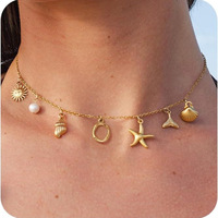 À la mode Boho été coquillage plage accessoires surfeur fille initiale collier à breloques avec chaîne à maillons en or pour les femmes