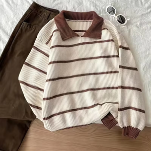 Suéter <span class=keywords><strong>de</strong></span> Punto Tipo Polo a Rayas para Mujer, Otoño-Invierno 2026, Cuello en Contraste, Manga Larga, Cuello Redondo Acanalado, 100% Poliéster, Estilo Old Money - Product Image 1