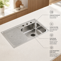 Wastafel Stainless Steel Anti-Slip SOLVEX Merek Sendiri, Food-Grade 304, Ukuran 80x50x15cm, Finishing Brushed, Dilengkapi Drainboard Terintegrasi