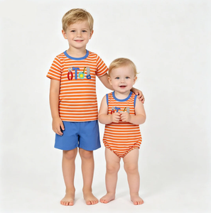 Conjunto de Ropa para Bebés Hermanos, Camiseta con Rayas y Bordado, Pantalones Cortos - Product Image 5