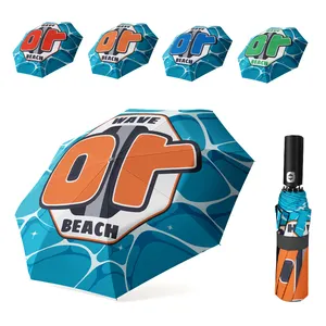 Yaz sadece özel baskılı tam otomatik rüzgar geçirmez üç katlanır kişiselleştirilmiş güneşli yağmurlu şemsiye yağmur güneş plaj için