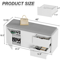 Banc de rangement gain de place pour couloir avec étagère à chaussures, assise rembourrée, organisateur de buanderie, tiroirs coulissants et étagère ouverte