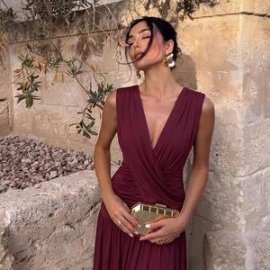 Robe longue sans manches en jersey doux pour femme, col en V profond, froncée, style cache-cœur - Service d'agent d'achat FTS Chine, expédition DDP, dédouanement - Product Image 5