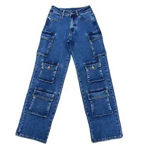 2023 mode haute qualité taille personnalisée droite femmes bleu jean taille haute en gros femmes jeans