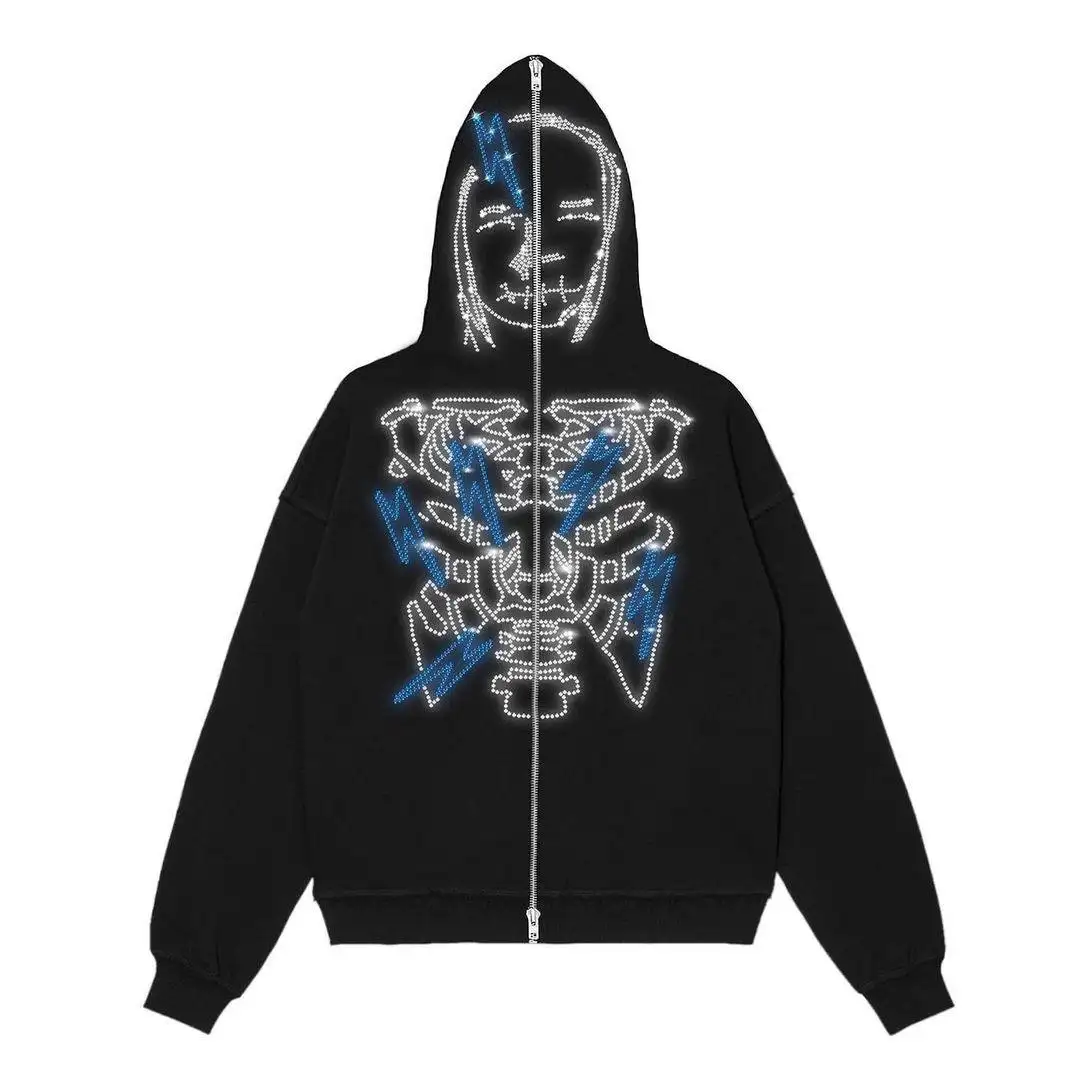 Custom zip up full face Up Rhinestone Fleece black zip up hoodie Oversized Skeleton full zip up hoodie for men