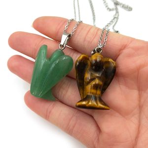 Bijoux Cristal Ange Collier Craved Gemstone Tiger Eye Amethyst Lapis Lazuli Ange Statue Pendentif Collier pour Hommes et Femmes - Product Image 6