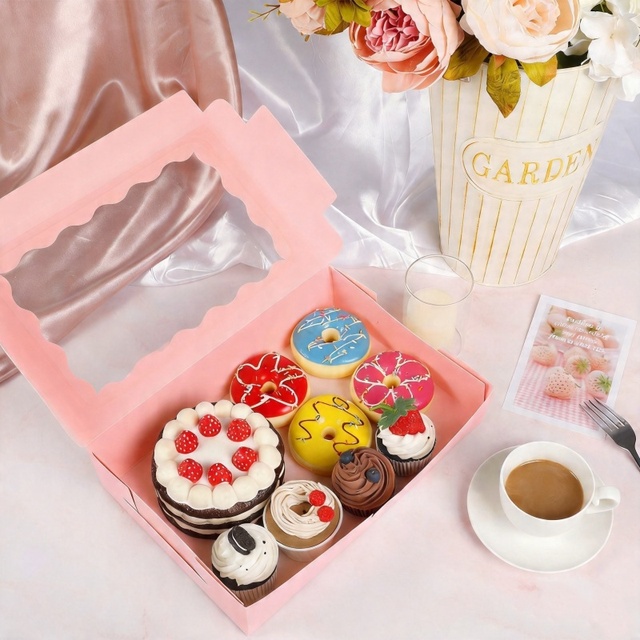 Custom Printed Pink Cupcake Packaging Muffin Tarts Baking Cake Packing Box With Transparent Window