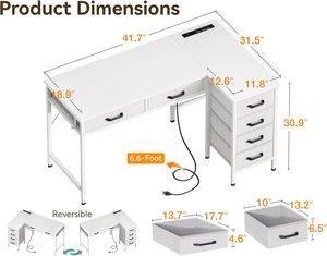 Coleshome Bàn làm việc màu trắng hiện đại hình chữ L 42 inch cho văn phòng gia đình có thể đảo ngược góc ngăn kéo máy tính Ổ cắm điện không gian nhỏ - Product Image 3