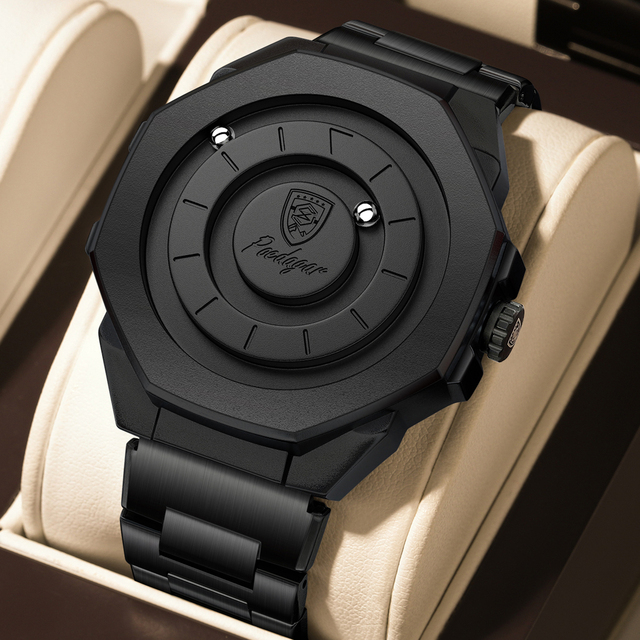 Poedagar 670 Black Magnetic Ball Rotating Stainless Steel Bracelet Waterproof Men Quartz Watch