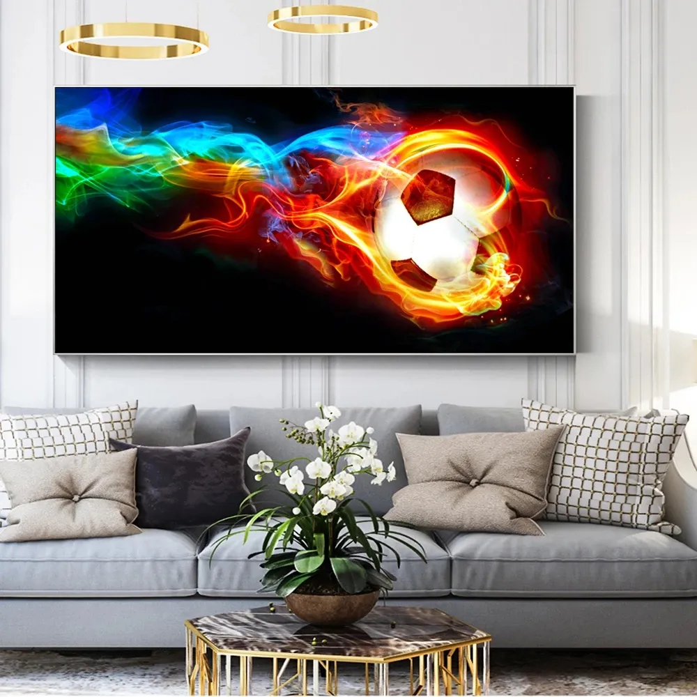 Soccer Ball On Fire Rainbow Canvas Painting Football Abstract Posters And Print Wall Art Picture