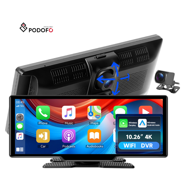 Podofo 10.26"  Portable Carplay Screen Wireless CarPlay& Android Auto Car Radio 2.5D IPS Screen GPS BT 4K for Cars Trucks ODM