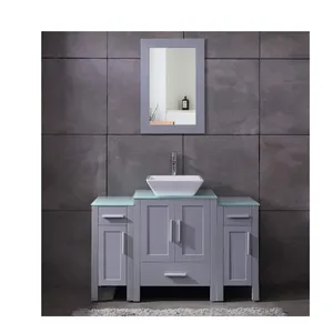 48 inch Bathroom Vanity Glass Top Single Sink Grey Paint w/Mirror Faucet and Drain Set