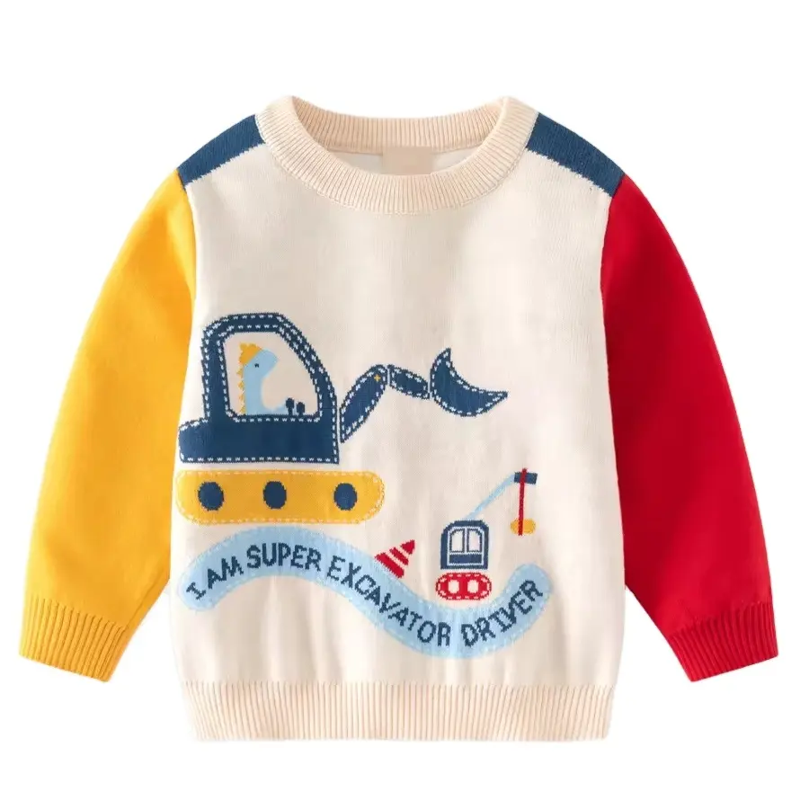 子供服卸売コントラストカラースリーブウールトップ漫画恐竜掘りセーター子供用暖かいセーター