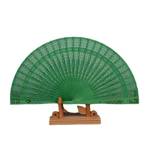 Custom logo size handheld fan promotional gift hollow out engrave logo folding chinese bamboo green fan