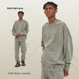 Haute qualité 100% coton lourd lavé à l'acide <span class=keywords><strong>Vintage</strong></span> sweat cou ample solide automne éponge tissu Anti-boulochage pull - Product Image 3