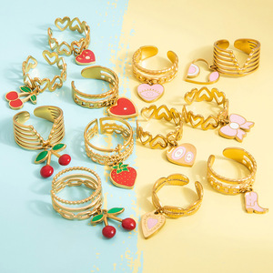 Pink Heart Cherry Pendant <b>Ring</b> Open Stainless Steel Fashion <b>Ring</b> For Women Gift Jewelry - Product Image 1