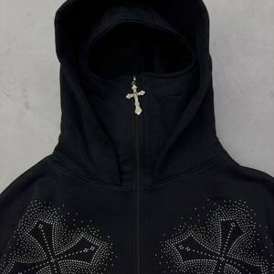 Sudadera con capucha para hombre, con cremallera completa, de algodón French Terry, estilo streetwear Y2K, con gráfico de cruz con pedrería brillante y logotipo personalizado. - Product Image 2