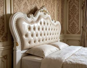 Premium Queen Size White Leather <b>Bed</b> With Gold Leaf Ornate Carved Diamond Tufted Scalloped Headboard For European Rococo Bedroom - Product Image 4