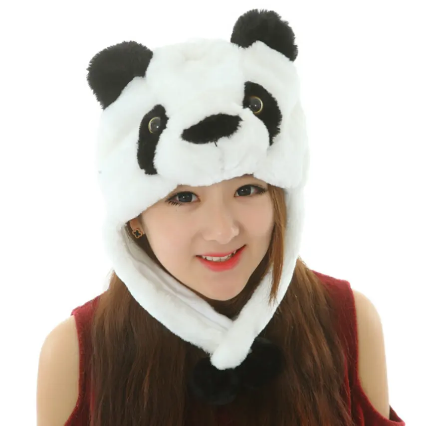 Custom Promotie Kid Cartoon Warme Winter Pluche Funny Animal Panda Hoeden Met Korte Sjaal
