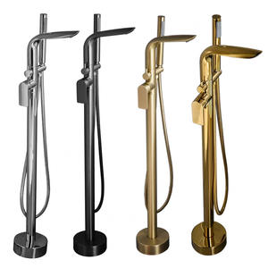 Robinet de <span class=keywords><strong>baignoire</strong></span> autoportant thermostatique Gunmetal Pomme de douche murale à poignée unique en laiton avec finition en bois brossé en céramique - Product Image 5
