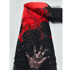 Tela de Encaje de <span class=keywords><strong>Terciopelo</strong></span> de Lujo al por Mayor de Alta Calidad, Bordada con Cuentas, Tul Francés con Lentejuelas, para Vestido de Novia o de Noche, 5 Yardas - Product Image 4