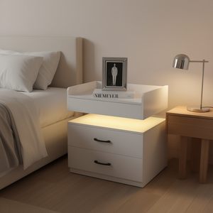 โต๊ะข้างเตียงพร้อมไฟ LED แบบแถบ 2 ลิ้นชัก เฟอร์นิเจอร์ห้องนอนทันสมัยสำหรับอพาร์ทเมนต์และบ้าน - Product Image 2