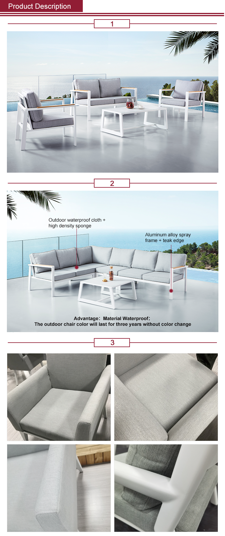 Outdoor Garden Indoor Cloth Sofa Set Furniture Waterproof Cloth Aluminum Sofa Set Sectional