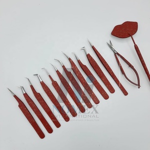 Pince à cils rouge avec pointe argentée, en acier inoxydable, avec logo personnalisé, ensemble avec lèvres en forme de miroir - Product Image 4