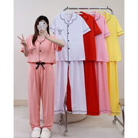 Pyjama d'été pour femmes, chemise à manches courtes et pantalon en tissu doux de couleur unie, ensemble deux pièces, vêtements de maison, grande taille 3XL, nuisette décontractée, vêtements de nuit
