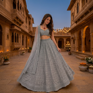 Luxury Silver Grey <b>Net</b> Lehenga Choli Heavy Sequin Embroidered Diamond Geometric Pattern Crop <b>Top</b> Dupatta Set Indian Wedding Part - Product Image 1