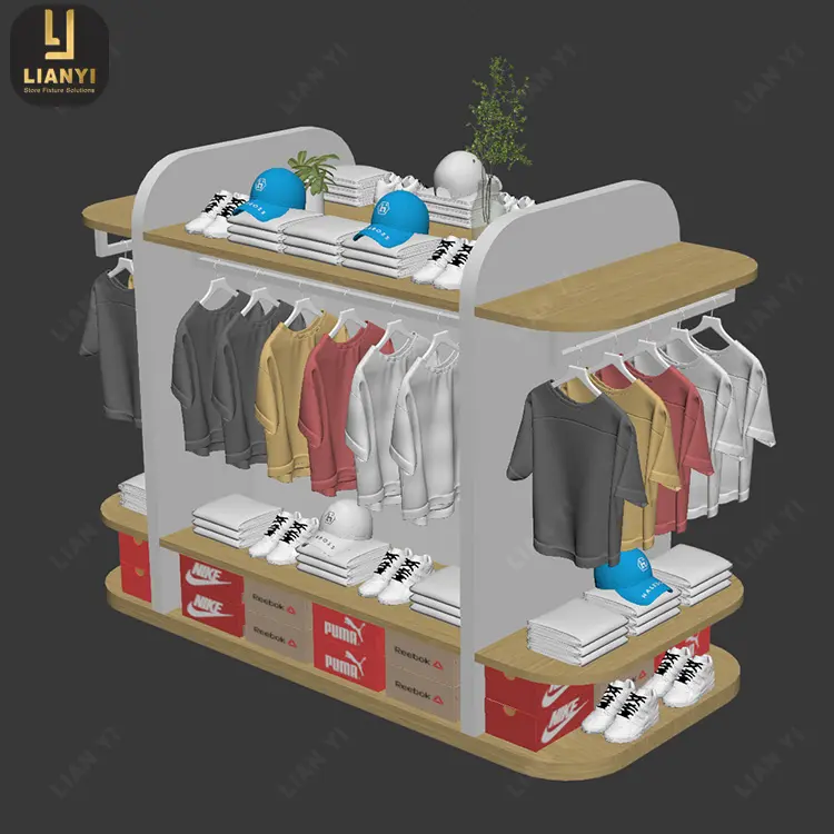 Shopping Mall Display Kids Clothing Kiosk Metal Wood Gondola Shelf Child Shoes Display Stand For Kid Shop Display