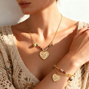 Stainless Steel Heart Necklace <b>Set</b> 18k Gold Plated <b>Beaded</b> Chain Retro Style Jewelry For Women - Product Image 1