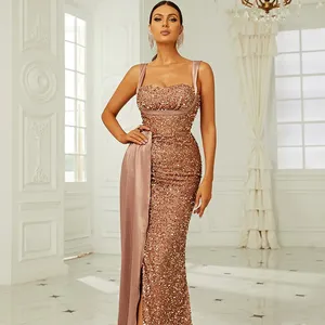 Custom 2022 New Backless Sling Gold Sequin Host Fishtail Evening Dress Banquet Evening Dress