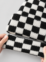 Bonnet tricoté unisexe vintage à motif damier, chaud pour l'automne et l'hiver, avec bord roulé, personnalisable avec logo et couleur