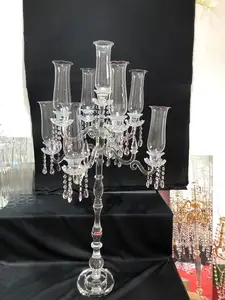 Candelabros de cristal dourado 9 braços peças de mesas de casamento com vidro longos hurricanes