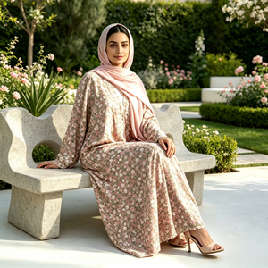Vêtements islamiques Loriya, élégante abaya d'été, cardigan en dentelle douce, fleurs en maille, abaya champêtre, robe musulmane pour femmes avec hijab en mousseline - Product Image 3