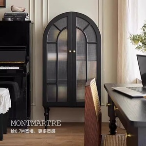 Armoire latérale en bois massif de style rétro français, à double porte, avec rangement, pour salon, vitrine en verre noir - Product Image 3