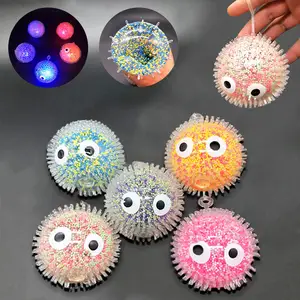 New Design Anxiety Relief Squeeze Oyuncak TPR Rubber Soft Big Eyes Light-Up Toys Fluffy Foam Yoyo Puffer Urchin Ball With Light