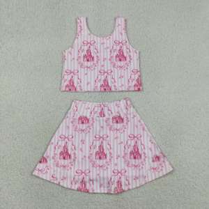 Conjunto de yoga sin mangas para niña, con estampado de castillo y rayas rosas, para verano, venta al por mayor, GSD3814 rts - Product Image 2