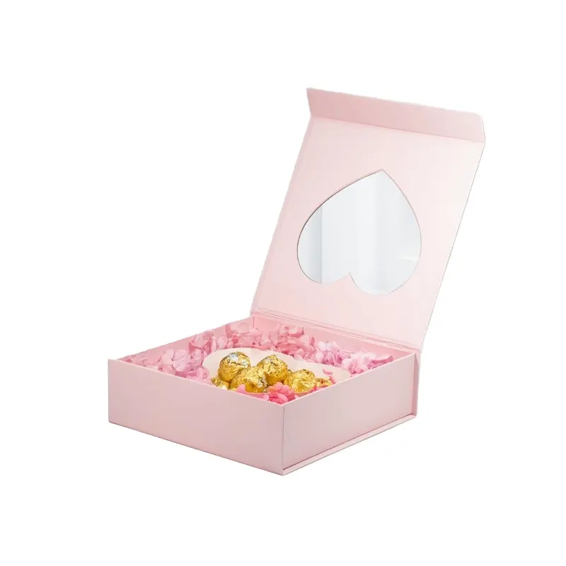 थोक हार्ट क्लियर विंडो फोल्डेबल गिफ्ट बॉक्स मैग्नेटिक फ्लावर आईलैश ज्वेलरी पैकेज बॉक्स दिल के आकार के इंसर्ट के साथ