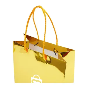 Роскошные подарочные пакеты для упаковки ювелирных изделий с индивидуальным принтом, блестящие золотые бумажные пакеты для покупок