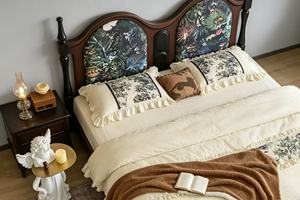 Premium Queen Size Dark Wood Spindle <b>Bed</b> With Tropical Print Double Arched Upholstered Headboard For Bedroom - Product Image 3