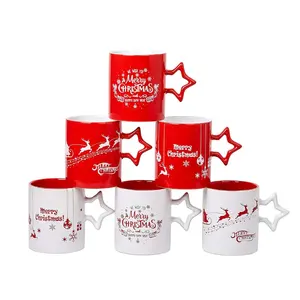 11oz Ceramic Xmas Coffee Mug Sets,High Premium Christmas Mugs 320ml with Star Handle for Festival Promotion Gift,Ceramic DIY Mug