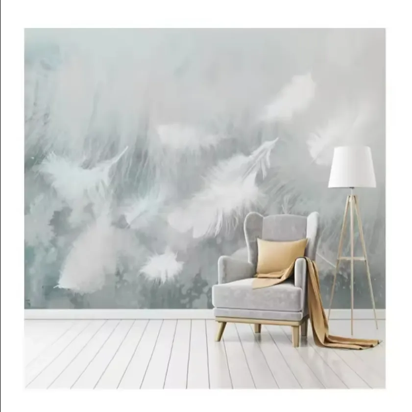Individuelles Wandbild Tapete Minimalismus schöne blaue Aquarelle weiße Federn Hintergrund Wandbild