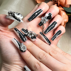 Faux ongles longs en forme de cercueil, style gothique vintage, en acrylique, faits à la main, avec boîte d'emballage de luxe, ongles à presser faits à la main - Product Image 6