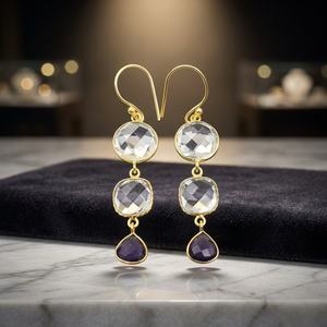 Boucles d'oreilles créoles plaquées or faites à la main pour femmes, avec perles d'eau douce et pierres précieuses de pierre de lune arc-en-ciel, design classique, bijoux - Product Image 3