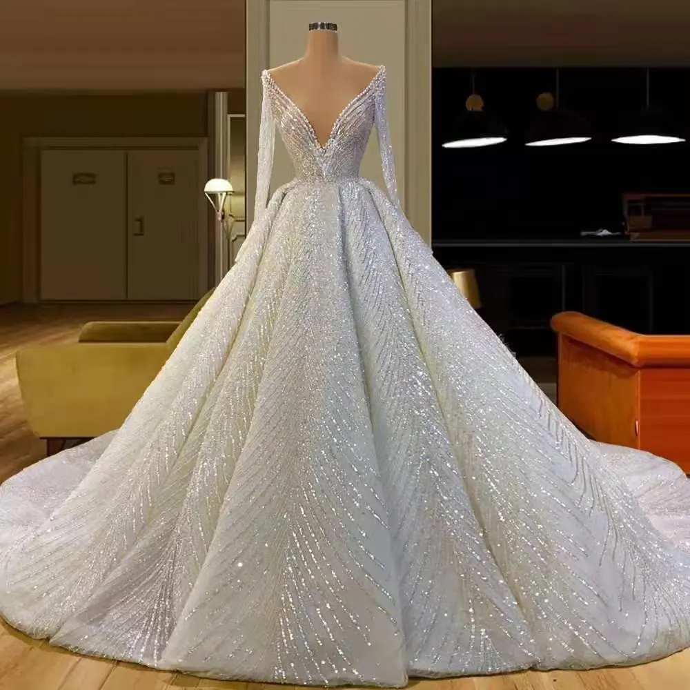 Fashion Shining Long Sleeve Ball Gown Wedding Dress Beading Saudi Arabia Bridal Dress