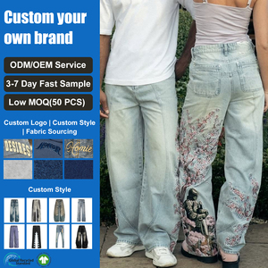 <span class=keywords><strong>Pantalones</strong></span> Vaqueros Japoneses al por Mayor, Holgados, Unisex, con Estampado Gráfico de Sakura Samurai, Azul Claro, Pierna Ancha, Estilo Urbano - Product Image 1