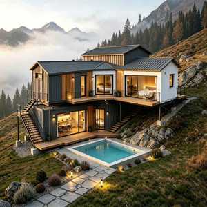 Maison préfabriquée en conteneur sur mesure à 2 étages, villa moderne modulaire en montagne <span class=keywords><strong>avec</strong></span> <span class=keywords><strong>piscine</strong></span>, maison <span class=keywords><strong>de</strong></span> vacances préfabriquée portable - Product Image 1
